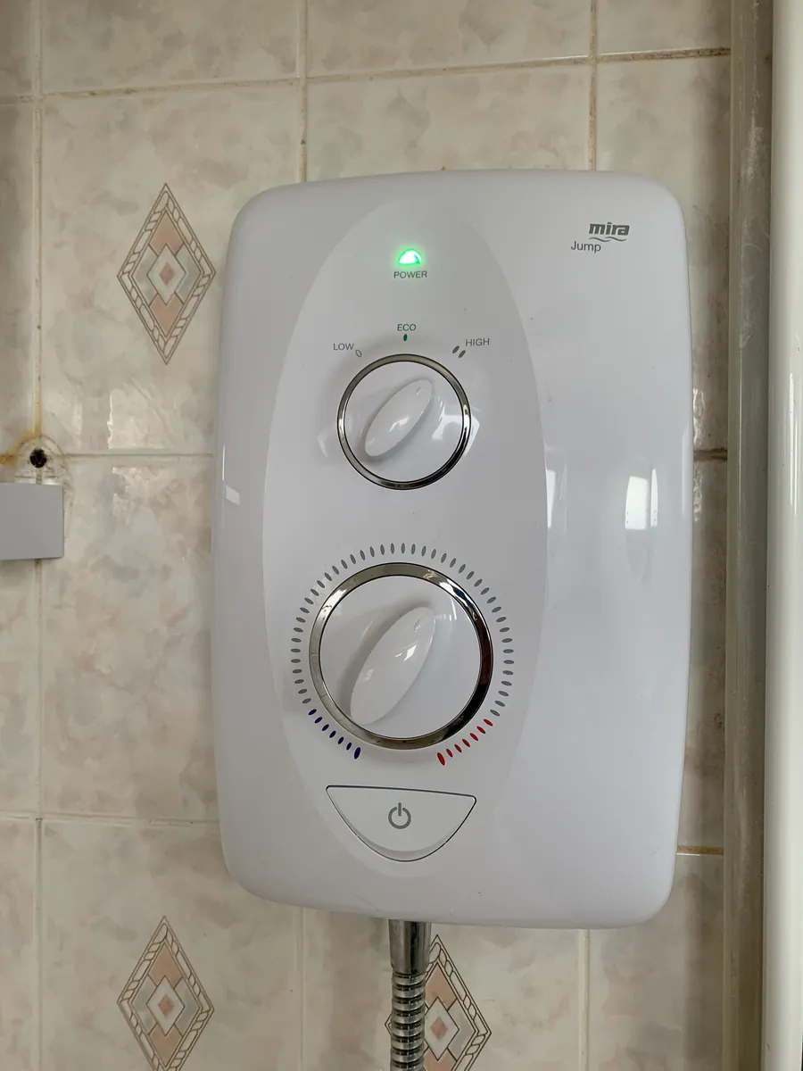 Close-up of the controls on a new Mira electric shower