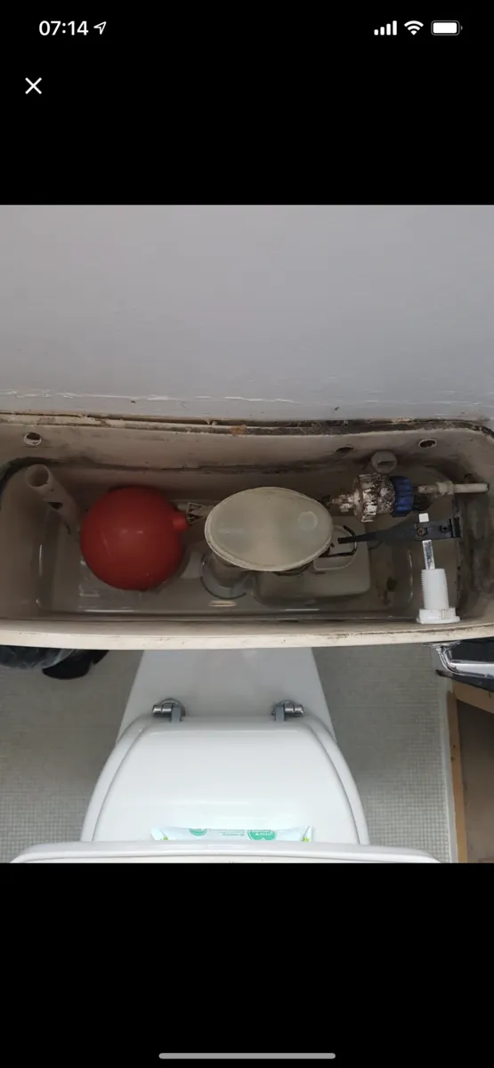 Inside an old toilet cistern in Exeter showing the worn siphon and float valve